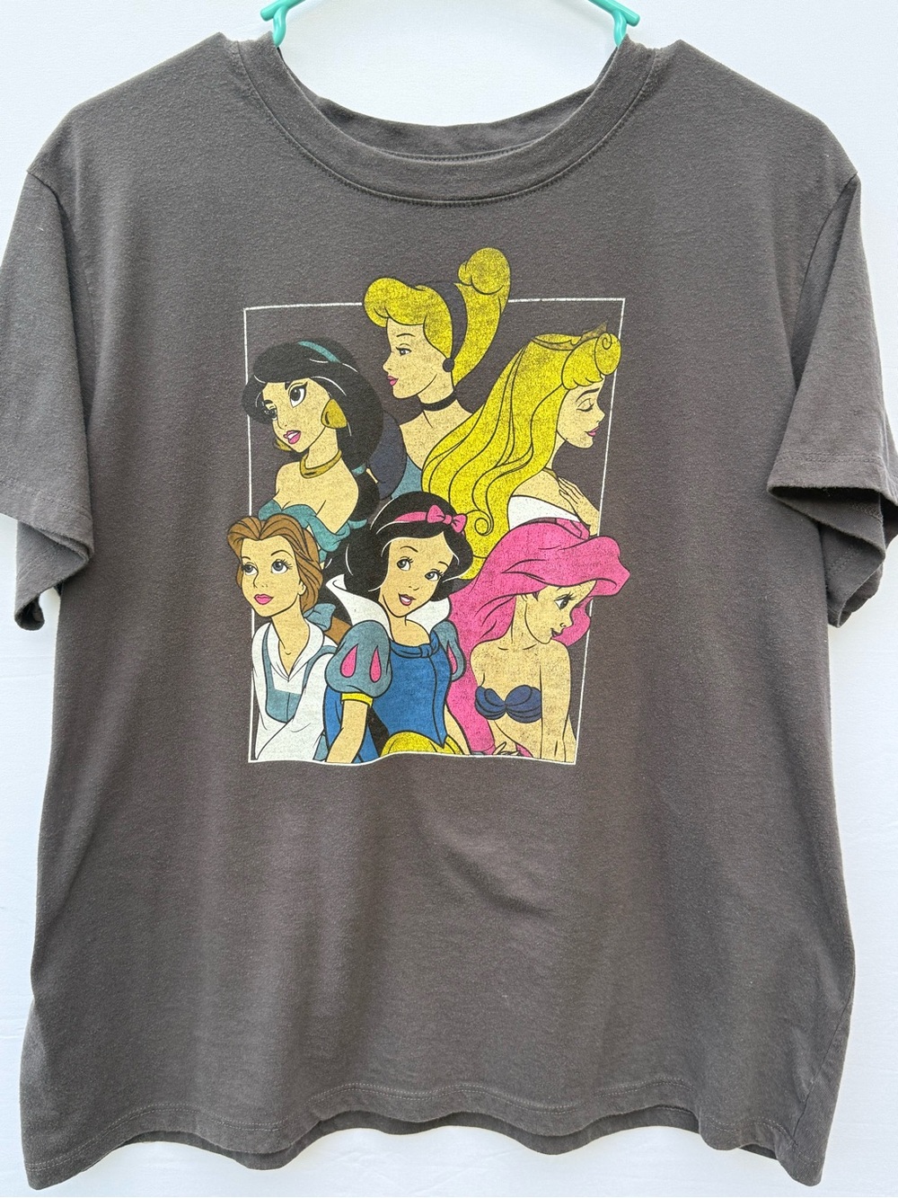 Disney Women’s Short Sleeve Tee - Charcoal Gray with Multicolor Princess Graphic